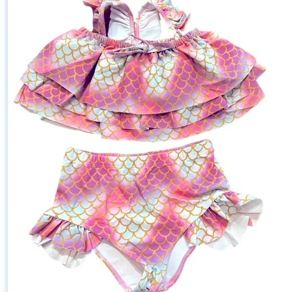 NWT Girls Mermaid Bikini Set Ruffle Tiered‎ Top and Bottoms 2 PCs Swimsu…